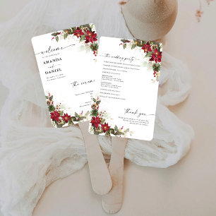 Rustic Pine Poinsettia Floral Wedding Program Hand Fan