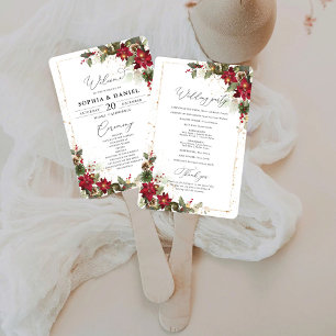 Rustic Pine Poinsettia Floral Wedding Program Hand Fan