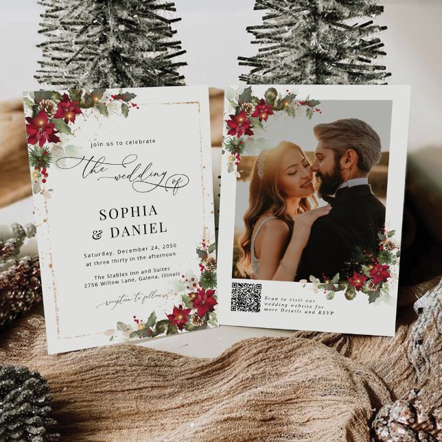 Rustic Pine Poinsettia Photo Wedding Invitations (Creator Uploaded)