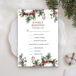 Rustic Pine Red Floral Christmas Wedding RSVP Card