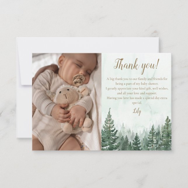 Rustic Pine Tree Forest Baby Shower Photo Thank You Card (Front)