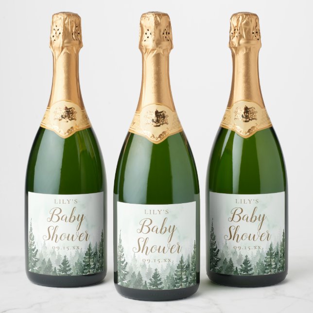 Rustic Pine Tree Forest Baby Shower Sparkling Wine Label (Bottles)