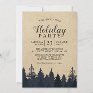 Rustic Pine Tree Kraft Christmas Holiday Party Invitation