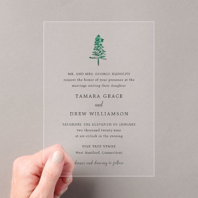 Rustic Pine Tree Modern Wedding Acrylic Invitations (Insitu (Handheld))