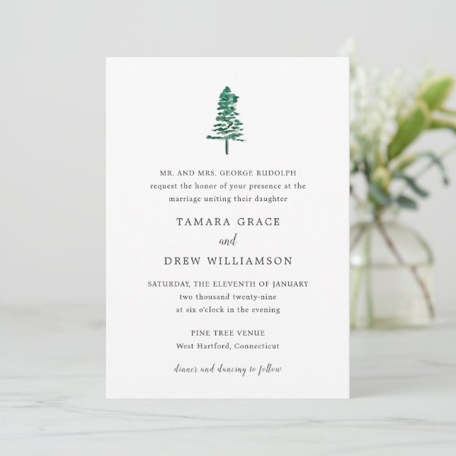 Rustic Pine Tree Modern Wedding Invitation (Standing Front)