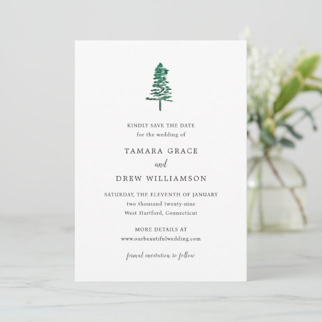Rustic Pine Tree Modern Wedding Save The Date (Standing Front)