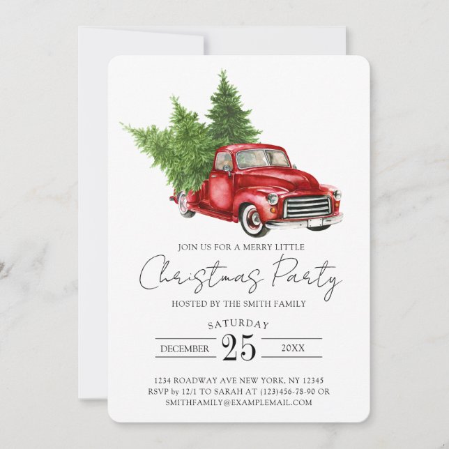 Rustic Pine Tree Red Truck Christmas Party Invite (Front)