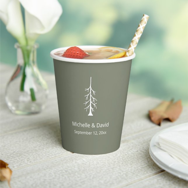 Rustic Pine Tree Sage Green Wedding Reception Paper Cups (Insitu)