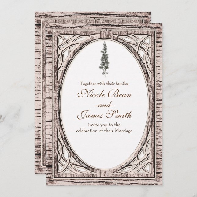 Rustic Pine Tree & White Wood Winter Wedding Invitation (Front/Back)