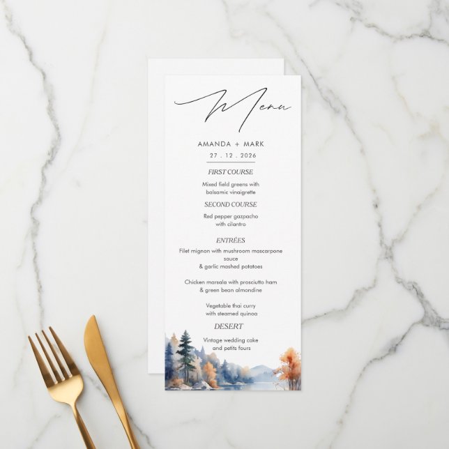 Rustic Pine Trees Adventure Wedding Menu (Front/Back In Situ)