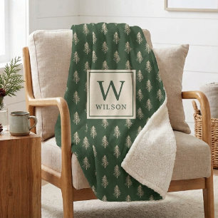 Rustic Pine Trees Custom Monogram Christmas Sherpa Blanket