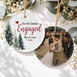 Rustic Pine Trees Engaged First Christmas photo Ceramic Tree Decoration