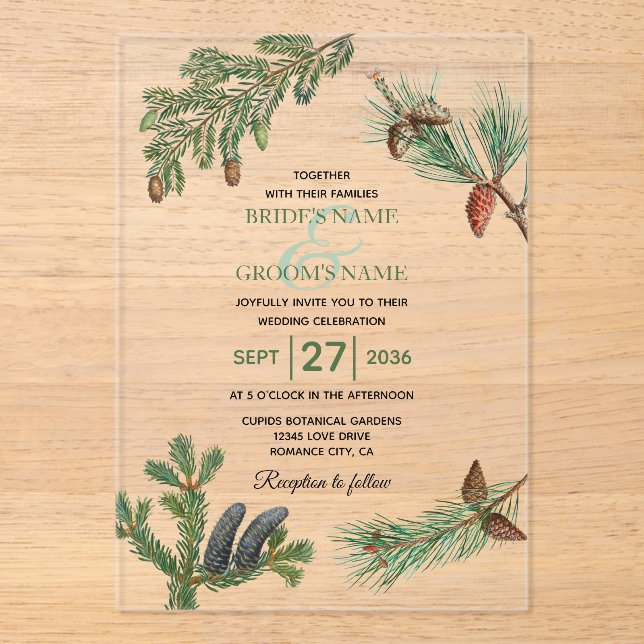 Rustic Pine Trees Forest Greenery Wedding Acrylic Invitations (Front)