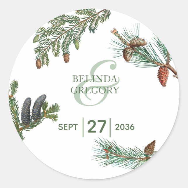 Rustic Pine Trees Forest Greenery Wedding Classic Round Sticker (Front)
