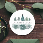 Rustic Pine Trees Forest Thank You Wedding Classic Round Sticker<br><div class="desc">Elegant watercolor pine forest trees in deep green colors.  Perfect stickers / labels for a rustic winter wedding.  Perfect for envelopes,  favors,  gifts,  etc... Easy editable template - just add text.  Option to change color & size.  See the 'LAUREN' collection for matching items.</div>