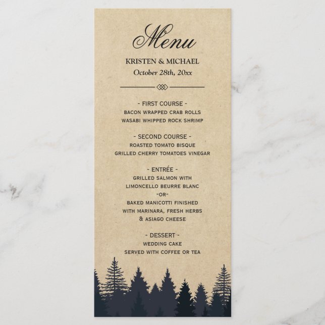 Rustic Pine Trees Kraft Winter Wedding Menu (Front)