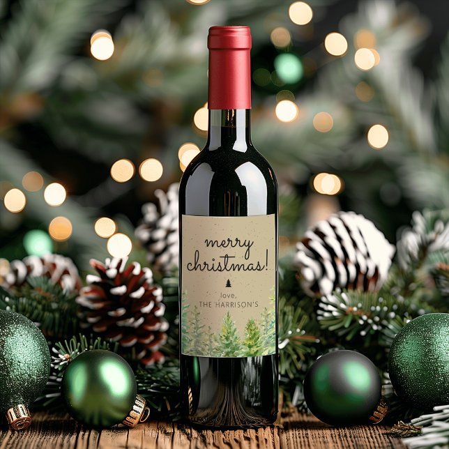 Rustic Pine Trees Merry Christmas Wine Label (Rustic Pine Trees Merry Christmas Wine Label)