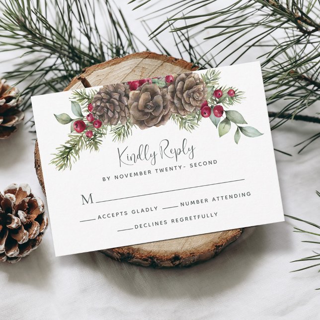 Rustic Pine Winter Berries Christmas Wedding RSVP Card (Creator Uploaded)