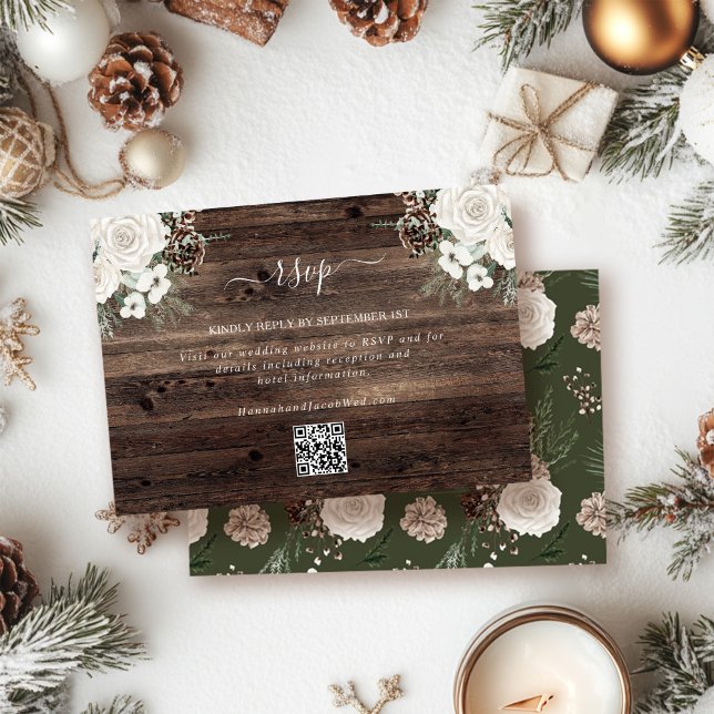 Rustic Pine Winter Wedding QR Code RSVP Card (Creator Uploaded)