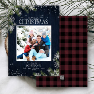 Rustic Pine Wood Snowflakes Merry Family Photo Holiday Card