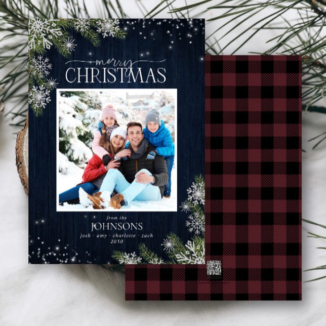 Rustic Pine Wood Snowflakes Merry Family Photo Holiday Card (Creator Uploaded)