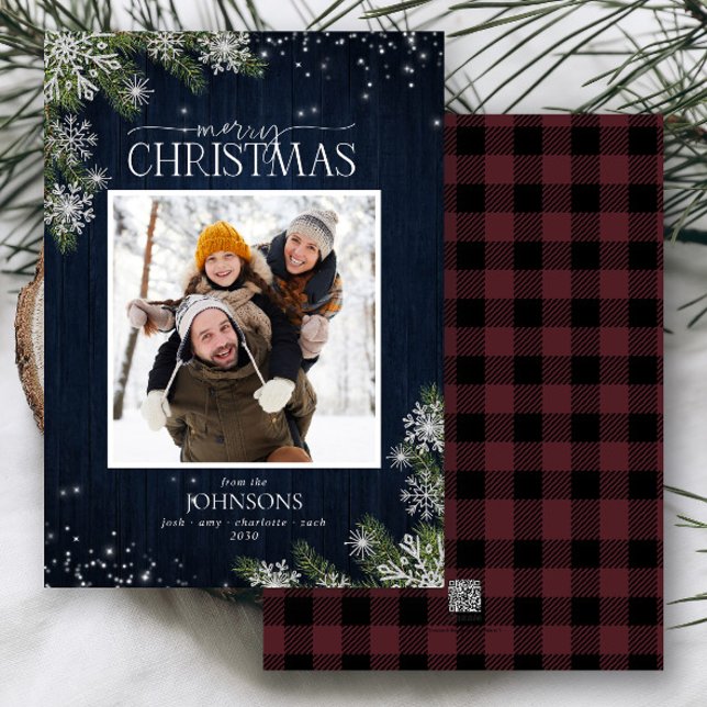 Rustic Pine Wood Snowflakes Merry Family Photo Holiday Card (Creator Uploaded)