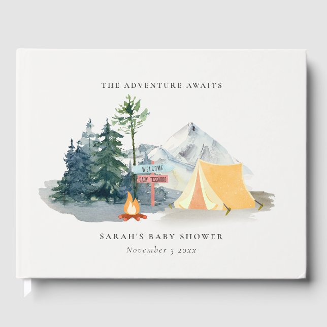 Rustic Pine Woods Camping Mountain Baby Shower Guest Book (Front)