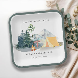 Rustic Pine Woods Camping Mountain Baby Shower Paper Plate