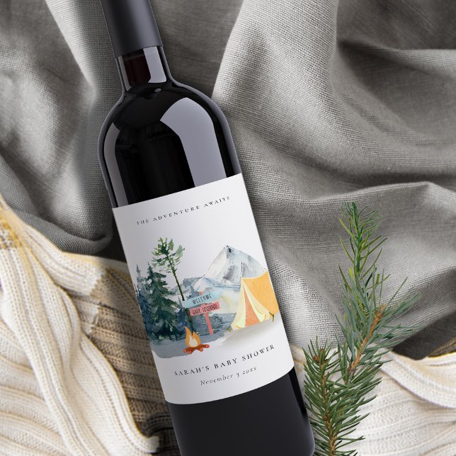 Rustic Pine Woods Camping Mountain Baby Shower Wine Label (Creator Uploaded)