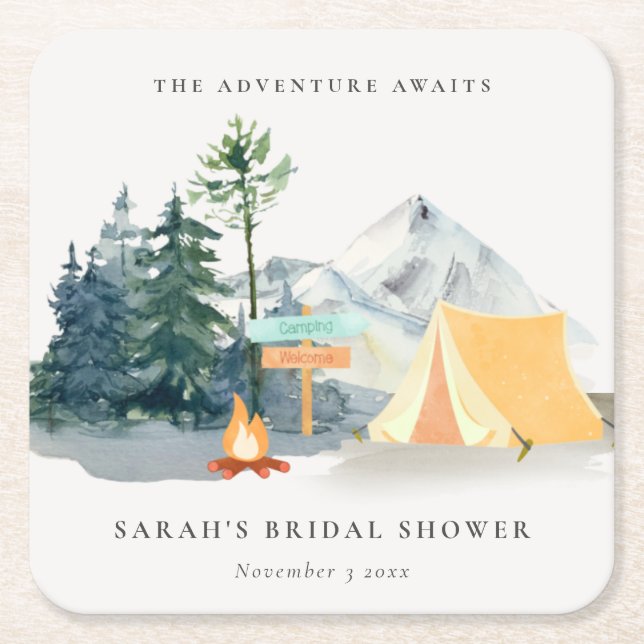 Rustic Pine Woods Camping Mountain Bridal Shower Square Paper Coaster (Front)