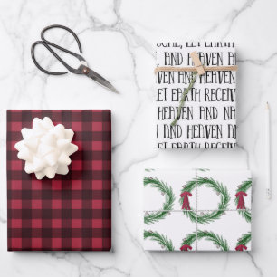 Rustic Pine Wreath Buffalo Plaid Joy To the World  Wrapping Paper Sheet