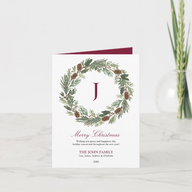 Rustic Pine Wreath Christmas Holiday Card (Front)