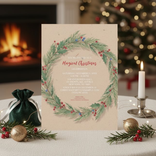 Rustic Pine Wreath Christmas Holiday Party Invitation (Creator Uploaded)