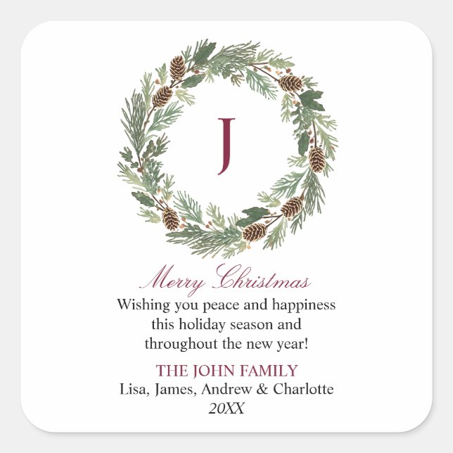 Rustic Pine Wreath Christmas Square Sticker (Front)