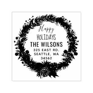 Rustic Pine Wreath Holidays Return Address Self-inking Stamp