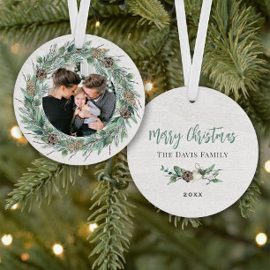 Rustic Pine Wreath Merry Christmas Family Photo Ornament