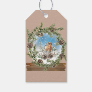 Rustic Pine Wreath Snow Globe and Bird Gift Tag
