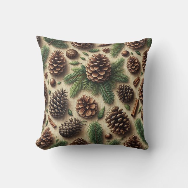 Rustic Pinecone and Greenery Burlap Christmas  Cushion (Front)