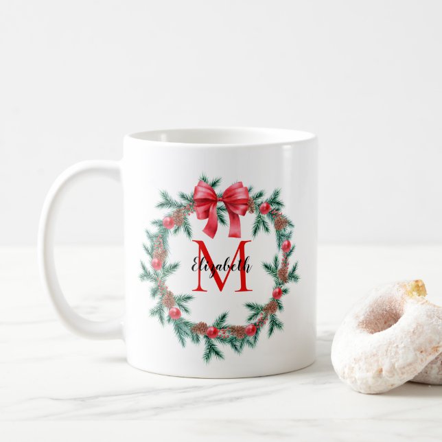 Rustic Pinecone | Bauble Christmas Wreath Monogram Coffee Mug (With Donut)