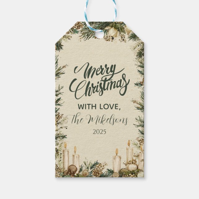 Rustic Pinecone Candle Christmas Gift Tags (Front)