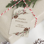 Rustic Pinecone Christmas Holiday Gift Tags<br><div class="desc">Send holiday cheer to your family and friends. This design features watercolor pine corns,  red berries on a faux burlap canvas texture background. For more advanced customisation of this design,  Please click the "Customise" button. Matching items are also available.</div>