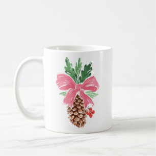 Rustic Pinecone Christmas Mug with Red Bow