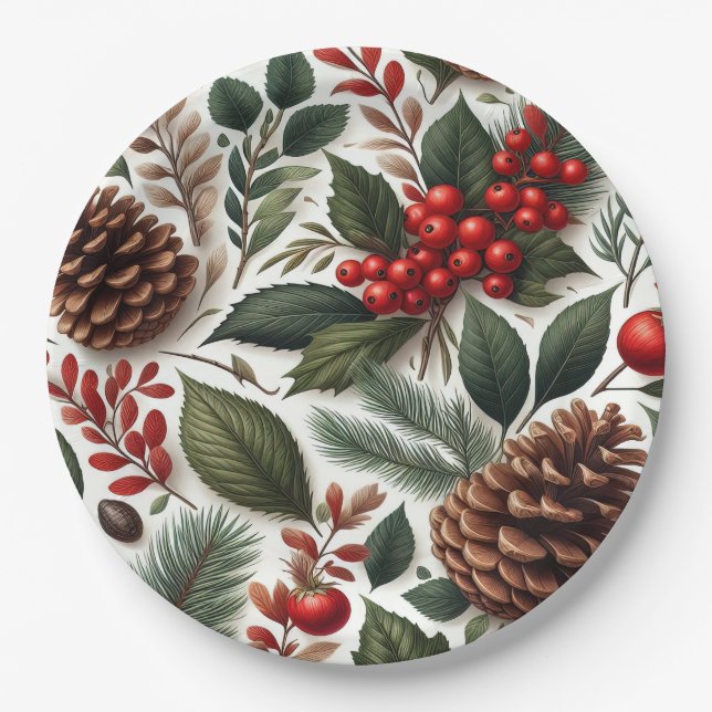 Rustic Pinecone Christmas  Paper Plate (Front)