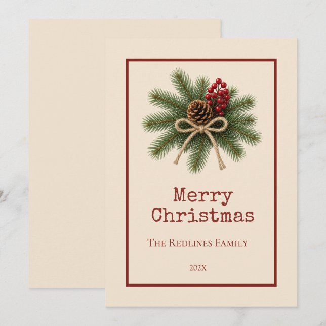 Rustic Pinecone & Evergreen Merry Christmas Holiday Card (Front/Back)