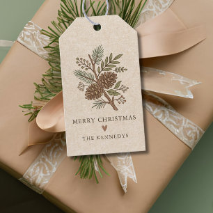 Rustic Pinecone Merry Christmas Family Name Kraft Gift Tags