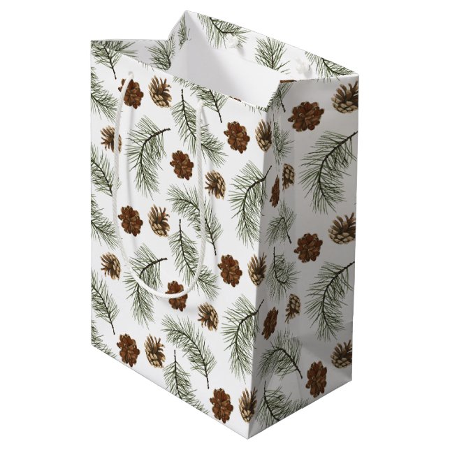 Rustic Pinecone Pine Tree Leaves Pattern Medium Gift Bag (Back Angled)
