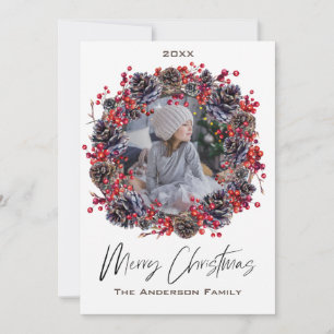 Rustic Pinecone Wreath Berry Photo Merry Christmas Holiday Card