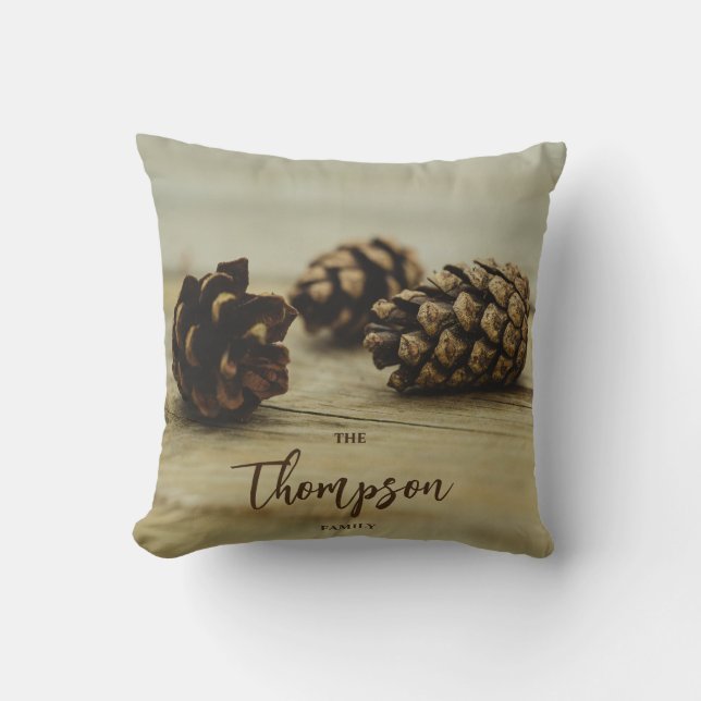 Rustic Pinecones Fall Photo Custom Family Name Cushion (Front)