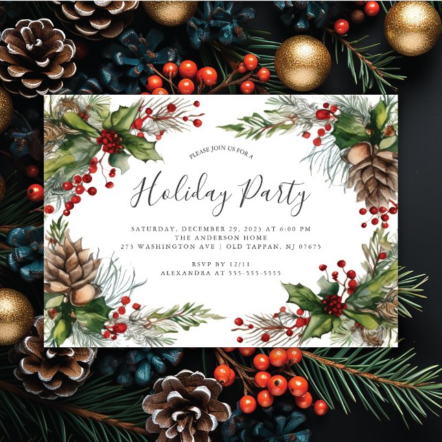 Rustic Pinecones Holly Berry Christmas Party Invitation (Creator Uploaded)
