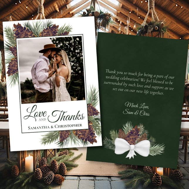 Rustic Pinecones Love Thanks Photo & Note Wedding Thank You Card (Front/Back)